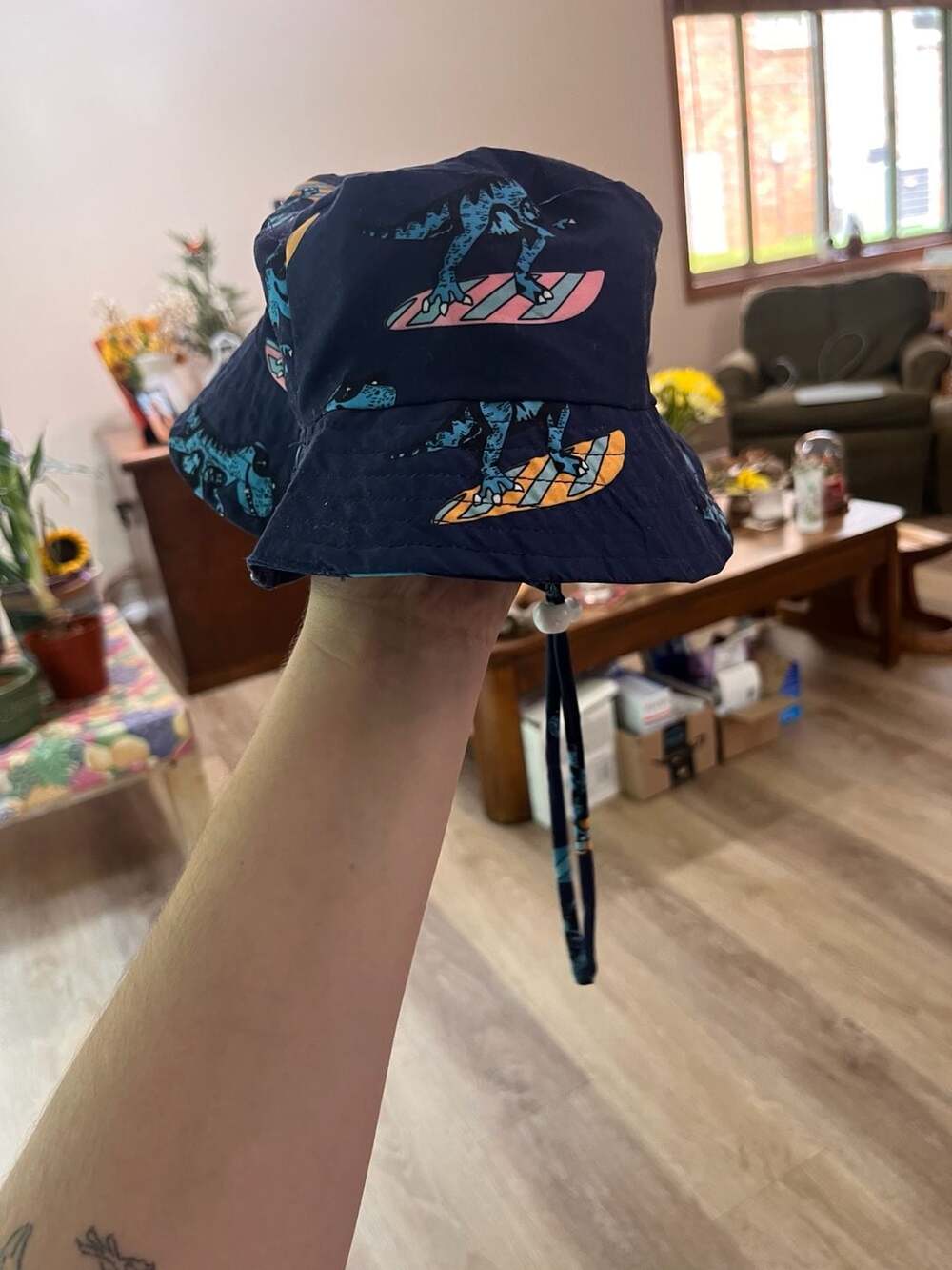 Children's Navy Blue Dinosaur Surfing Print Bucket Hat with Chin Strap